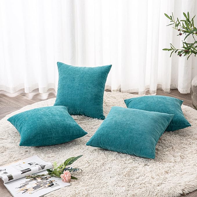GAWAMAY Decorative Square Throw Pillow Covers 18x18 Inch Set of 4, Super Soft Chenille Pillows Cover Fall Pillowcase for Living Room Bedroom Sofa Couch Cushion Cover Teal 45x45cm (No Insert)