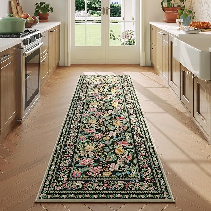 Runner Rug for Kitchen Rug Non Slip 2'6"x8' Washable Rugs with Rubber Backing Soft Vintage Floral Carpet Runner for Kitchen, Laundry, Bedroom, Bathroom, Green