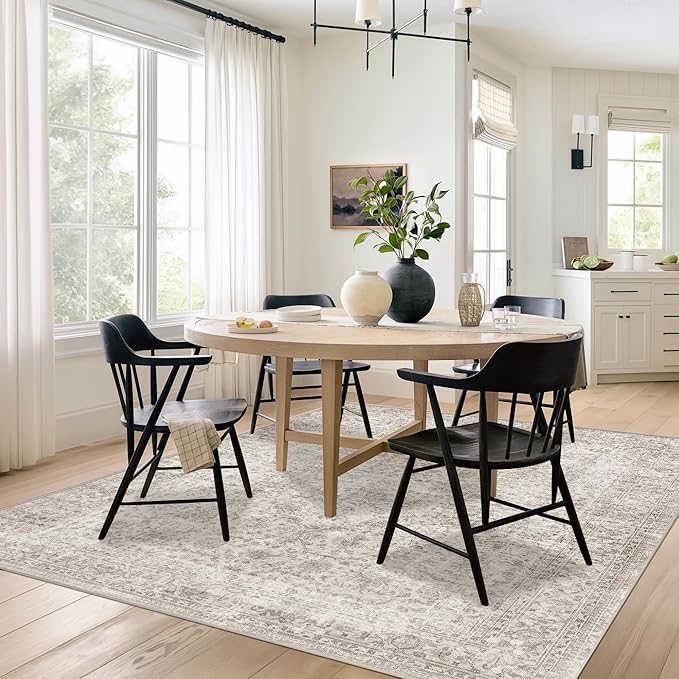 FMFUNCTEX 6x9 Washable Area Rug Beige Vintage Neutral Distressed Large Non Slip Carpet for Living Room Bedroom Soft Low Pile Indoor Mat Retro Floral Throw Rug for Dining Room Kitchen Office Nursery