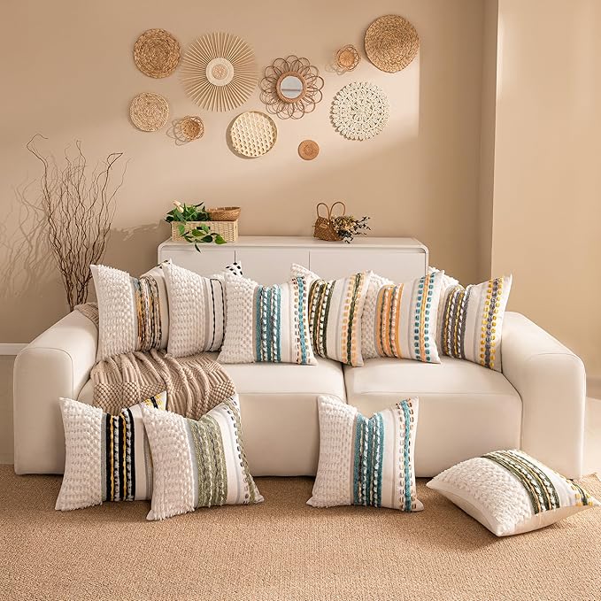 KOOLIFE Boho Chenille Tufted Couch Throw Pillow Covers 18x18 Inch Set of 2 Farmhouse Striped Decorative Pillow Covers Accent Neutral Pillowcase Dark Green Cushion Cover for Living Room Sofa Bed