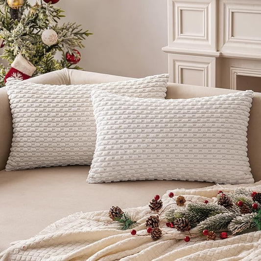 MIULEE Throw Pillow Covers Soft Corduroy Decorative Set of 2 Boho Striped Pillow Covers Pillowcases Farmhouse Home Decor for Couch Bed Sofa Living Room 12x20 Inch Pure White