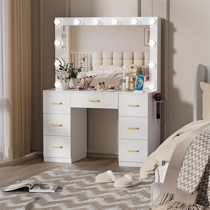 White Makeup Vanity Desk with Lighted Mirror & Power Outlet,3 Color Modes, Brightness Adjustable,Vanity Table with Drawer,Sliding 2 Storage Wall-Mounted Jewelry,4 Shelves for Bedroom