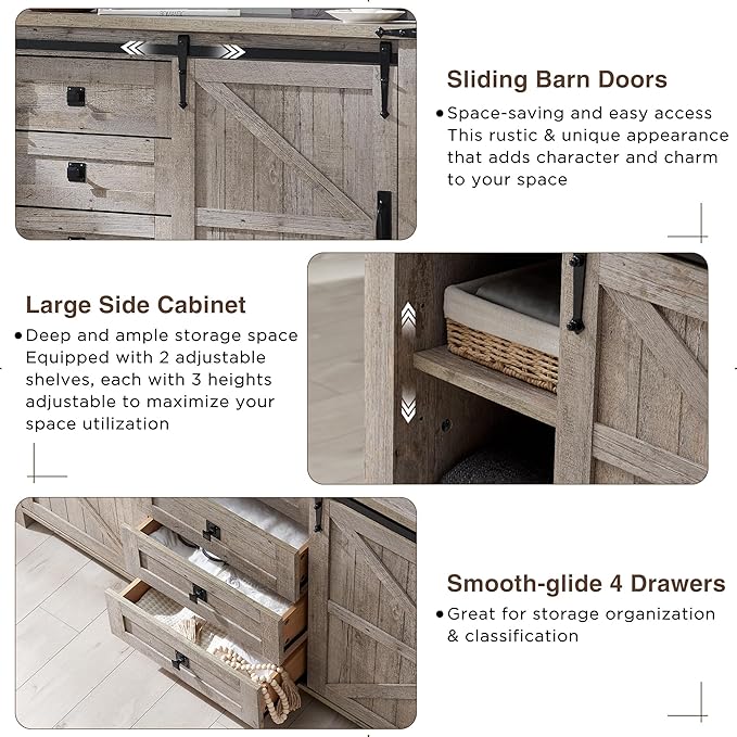 T4TREAM 60'' Farmhouse Dresser Chests for Bedroom w/4 Drawers & Sliding Barn Doors, Tall Chest of Drawers, Rustic Dresser TV Stand,Organizer for Bedroom, Living Room, Light Rustic Oak