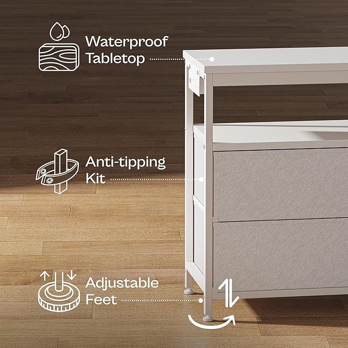 Huuger LED TV Stand for Bedroom, 47 Inch Dresser TV Stand for 43, 50, 55 Inch TV, White TV Stand with Storage, Entertainment Center with Power Outlets, 6 Drawer Fabric Dresser for Living Room