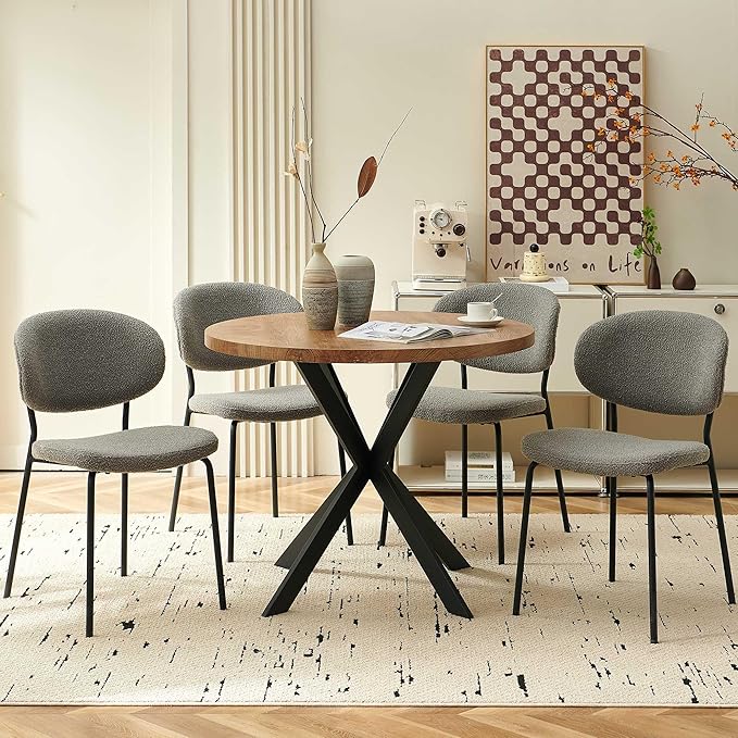 Round Dining Table Set for 4, Modern 5-Piece Kitchen Table Set, 37" Round MDF Living Coffee Table with 4 Seated Grey Boucle Dining Chairs Upholstered, Metal Legs for Dining Hall, Living Room