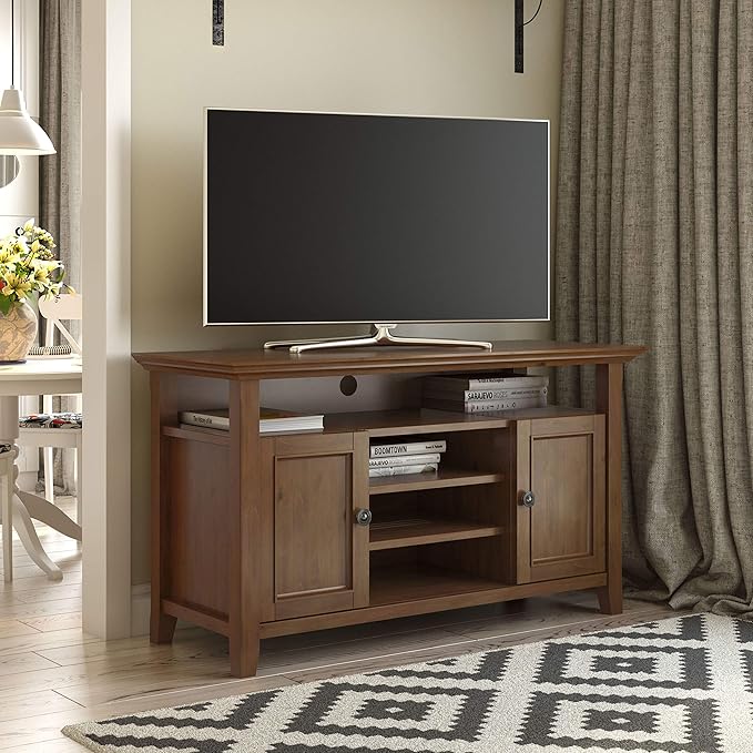 SIMPLIHOME Amherst 54-inch Wide Solid Wood TV Stand in Medium Saddle Brown, Transitional-Style Media Console for Living Room with Adjustable Shelves and Cable Management