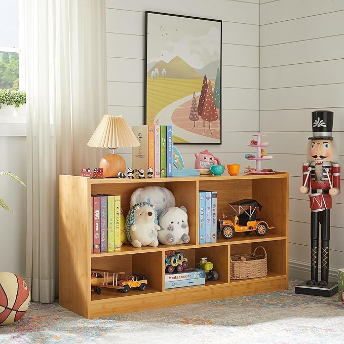 Toy Organizers and Storage, 5-Section Kids Bookshelf for Organizing Books Toys, School Classroom Wooden Storage Cabinet for Children's Room, Playroom, Nursery (Natural)