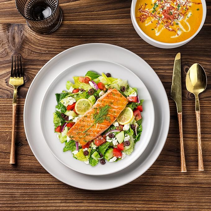 LERATIO Stoneware Dinnerware Sets for 4,Handcarft Ceramic Plates and Bowls Sets,Chip and Scratch Resistant Dishes, Dishwasher & Microwave Safe, Oven safe,Reactive Glaze-White