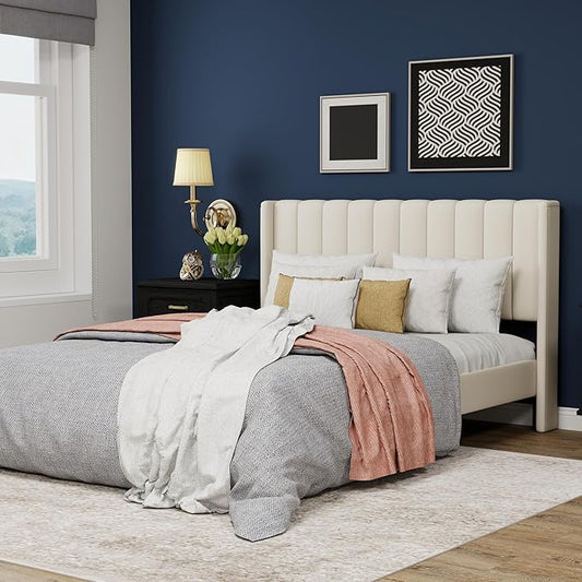 Upholstered Platform Queen Size Bed Frame with Headboard Wooden Slats Support No Noise Easy Assembly Beige Velvet