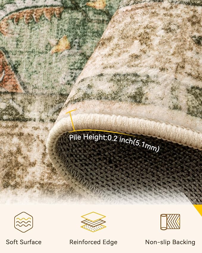 Area Rugs 2'x8' Washable Non-Slip, Floral Vintage Distress Print Pattern Medallion Carpet for Living Room Bedroom Dining Room, Brick Red Rust Neutral Brown Burnt Orange Green