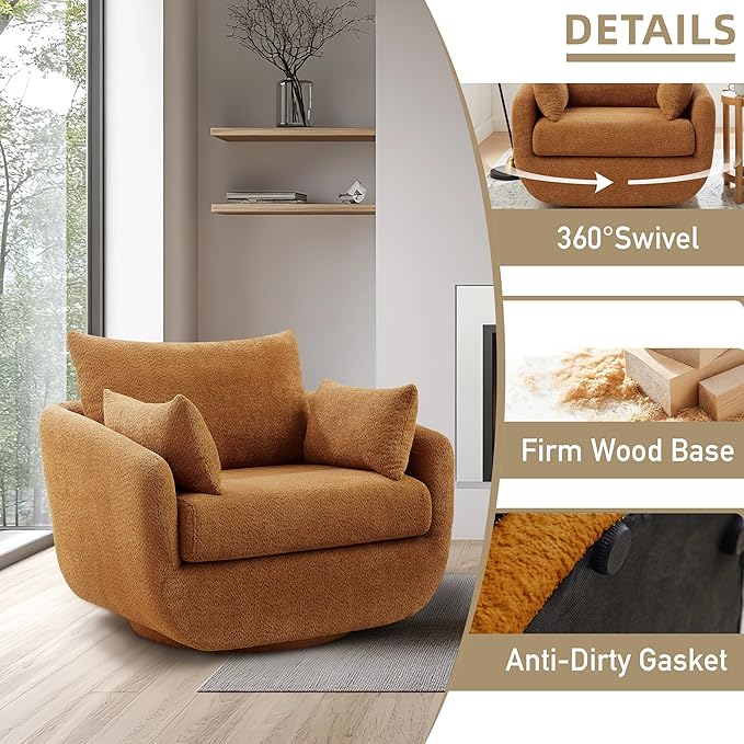 360° Swivel Accent Armchair, 39.3" Oversized, Sherpa Boucle Fabric Sofa Chair with Removable Back & Arm Pillows, Swivel Chair with Cozy Soft Padded, No Assembly Required (1, Curry)
