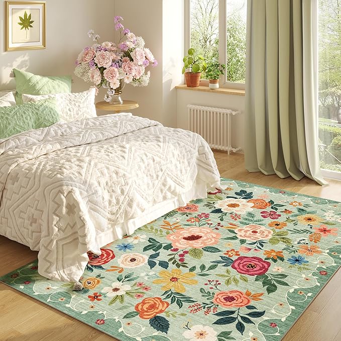 DUKINO 5x7 Area Rug, Floral Rugs for Living Room, Lightweight Non Slip Washable Rug, Indoor Low Pile & Non-Shedding Boho Design Rugs for Bedroom, Living Room, Dining Room, Green