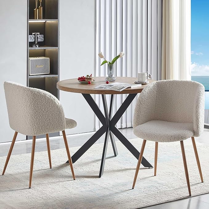 3 Pieces Dining Table Set for 2, Home Kitchen Round Dining Table with Thick Tabletop and 2 Upholstered Arm Chairs, Faux Wood Round Table with Comfy Accent Chair for Living Room,Restaurant