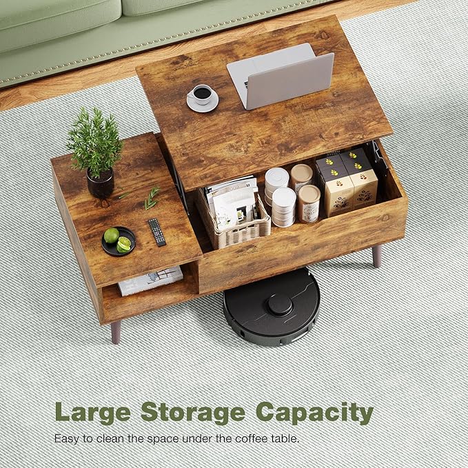 OLIXIS Wooden Coffee Table, Lift Top Coffee Table with Large Hidden Compartment and Ample Storage Shelf, Lift Tabletop Dining Table for Living Room, Home Small Space, Weathered Wood