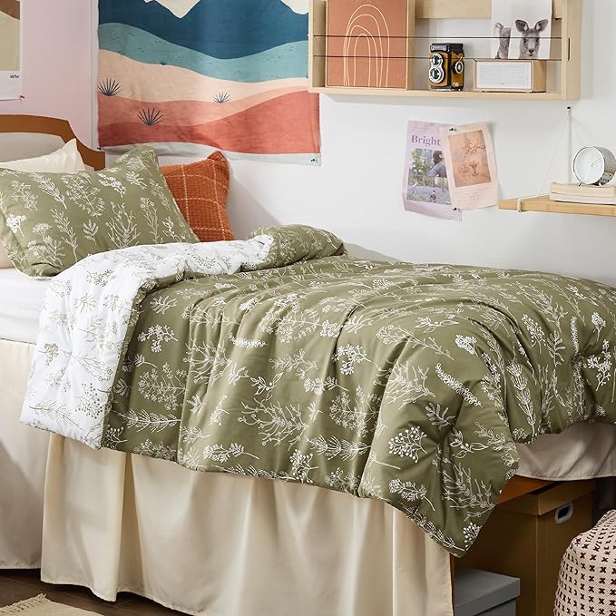 Bedsure Twin/Twin XL Comforter Set - Olive Green Bed Set, 2 Pieces Cute Floral Bedding, 1 Soft Reversible Botanical Flowers Comforter and 1 Pillow Sham