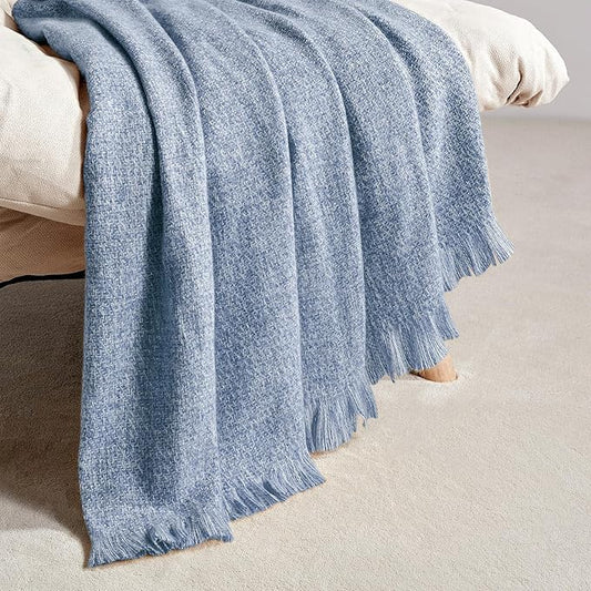 BOURINA Faux Cashmere Fringe Throw Blanket Decorative Lightweight Throw Soft Cozy for Bed or Sofa Outdoor Blanket, 50" x 70" Blue