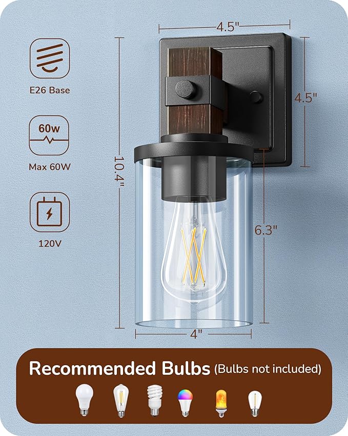 EDISHINE Wall Sconces Set of 2, Farmhouse Vanity Light Fixtures with Clear Glass Shade & Dark Brown Wood Grain Paint, 1-Light Wall Mount Lamp for Bathroom, Hallway, Living Room, Mirror, Kitchen