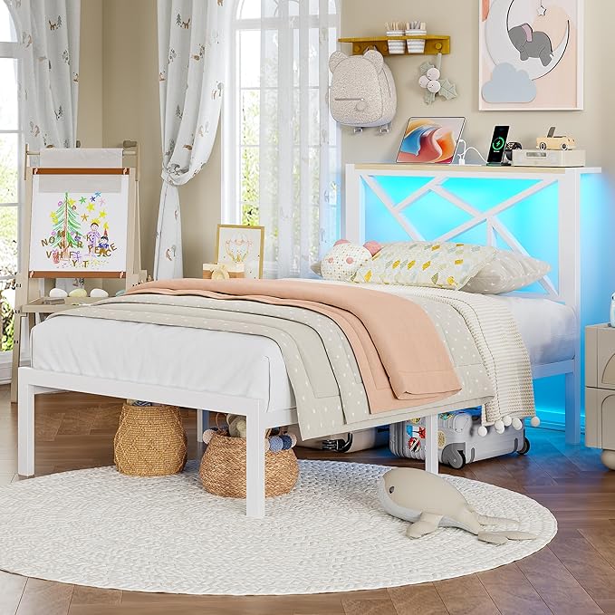 Twin White Metal Bed Frame with USB Charging Station, LED Ambient Lighting, and Wooden Storage Headboard - Includes Under-Bed Storage, No Box Spring Needed, Noise Free, Easy to Assemble