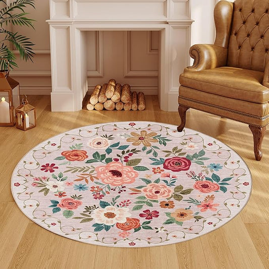 DUKINO Floral Round Rug, 4ft Washable Round Area Rug, Non Slip Indoor Low Pile Circle Rug, Soft Small Boho Design Circle Rug for Bedroom, Entryway, Living Room, Dining Room,Beige
