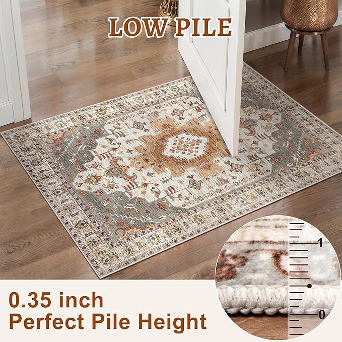 Tangsoo 8x10 Area Rug for Living Room, Washable Vintage Indoor Non Slip Large Area Rugs, Print Distressed Turmeric Carpet, Soft Low Pile Rug Foldable Floor Rug for Bedroom Dining Room Dorm