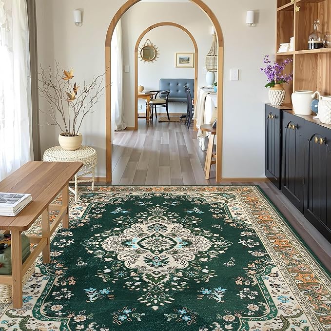 Living Room Rug 6x9 Rug, Machine Washable Area Rug Non Slip Low Pile Rug for Living Room, Bedroom, Farmhouse, Dining Room, Green