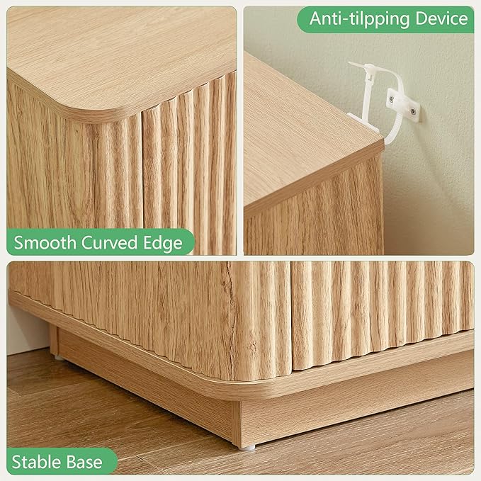 VMU Fluted Dresser for Bedroom with 6 Drawers，55" Modern Wooden Chest of Drawers with Metal Handles, TV Stand with Curved Profile, Closet Clothes Storage Organizer for Living Room, Hallway (Oak)