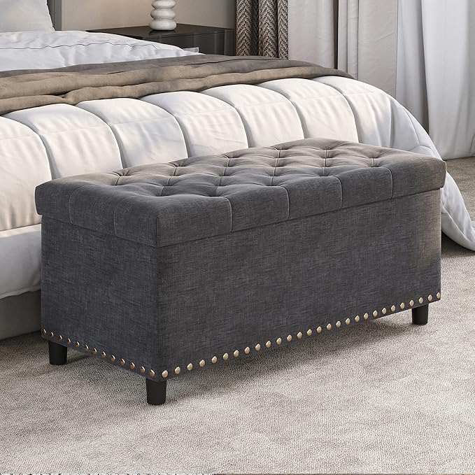 BELLEZE 35" Tufted Ottoman, Storage Bench with Safety Close Hinge, Ottoman with Storage for Living Room, Entryway, Hallway, Foot Rest, Support 300lbs - Dark Grey