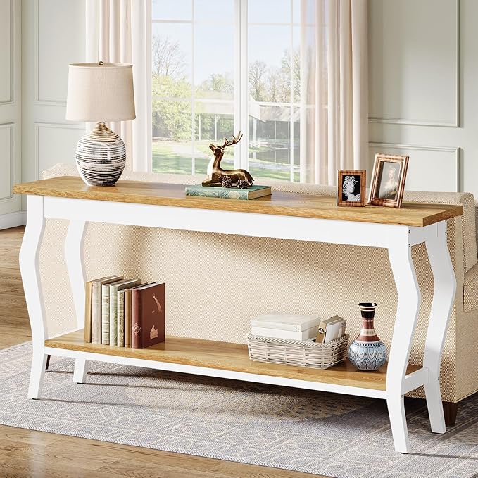 Tribesigns 70.9 Inches Extra Long Sofa Table Behind Couch, Vintage Console Entry Table with 2-Tier Storage for Hallway, Entryway, Living Room, White & Light Oak