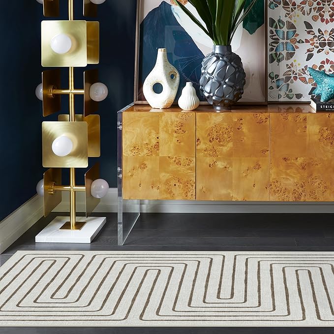 RUGGABLE x Jonathan Adler Machine Washable Modern Runner Rug – Labyrinth Camel/Ivory 2.5x10, Stain-Resistant, Non-Slip – Washable Rug for Hallway, Entryway, Living Room & Kitchen–with Standard Pad