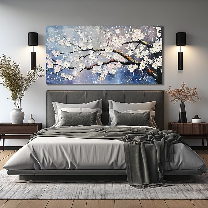 Plum Blossom Painting Wall Decor for Bedroom Women Modern Wall Art for Office Blue and White Wall Art for Living Room Large Size 29 x 58 Inch