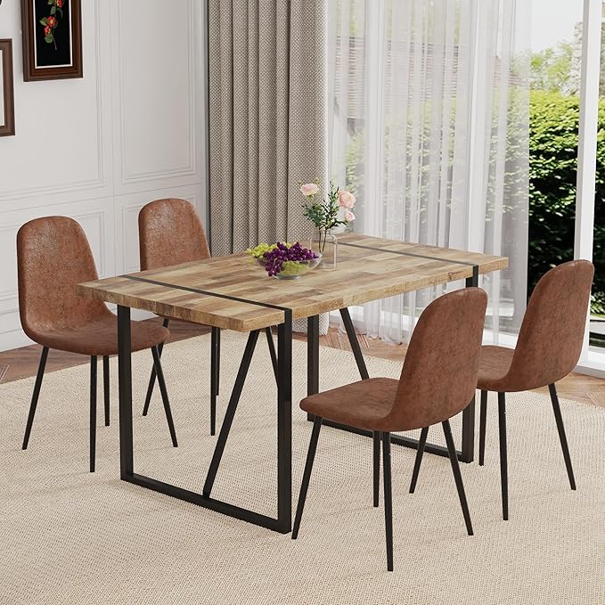 4 Chair Dining Table Set，Dinner Table Set for 4，55'' Kitchen Table and PU Leather Chairs Set of 4, 5 Piece Dining Table Set for Kitchen Dining Room