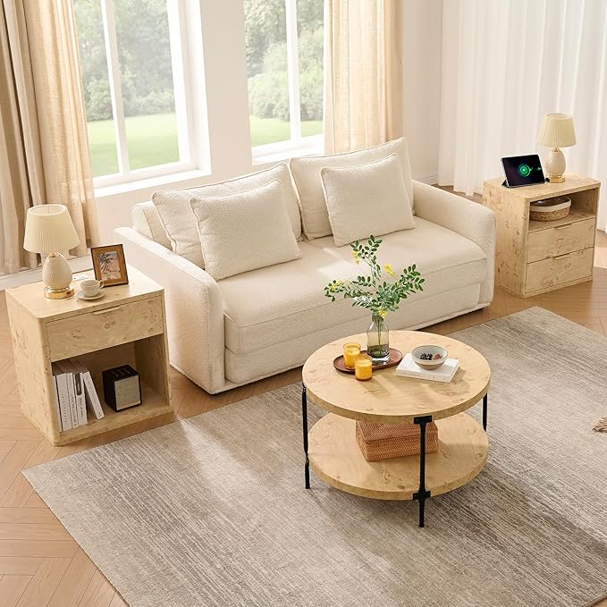 Round Boho Wood Coffee Table - 29.1" Farmhouse Natural Circle Wooden 2-Tier Coffee Tables Living Room Furniture, 29.1" D x 18.3" H, Burl Wood Color