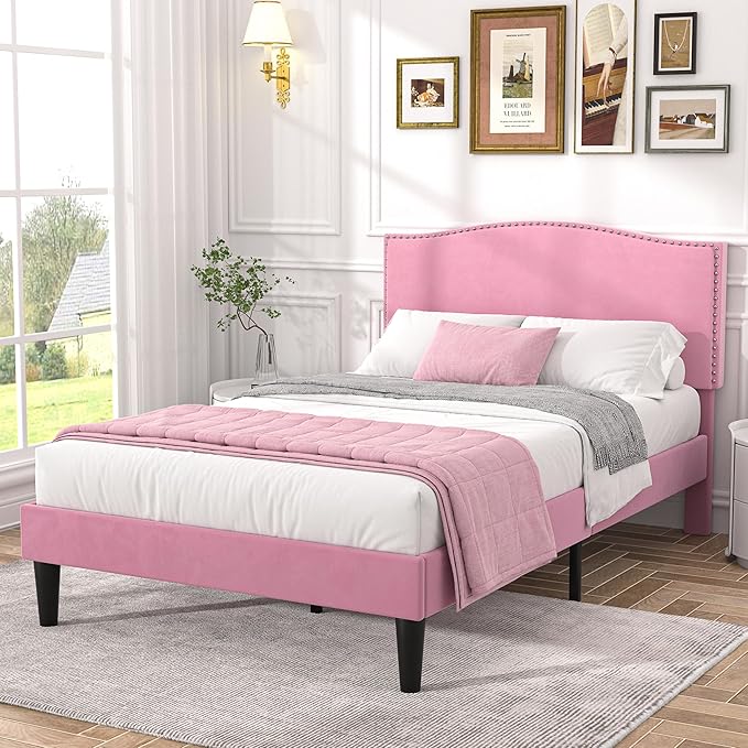 VECELO Twin Bed Frame Platform Bed Frame with Upholstered Headboard, Strong Frame and Heavy-Duty Slats Support, Non-Slip and Noise-Free, Easy Assembly,Pink