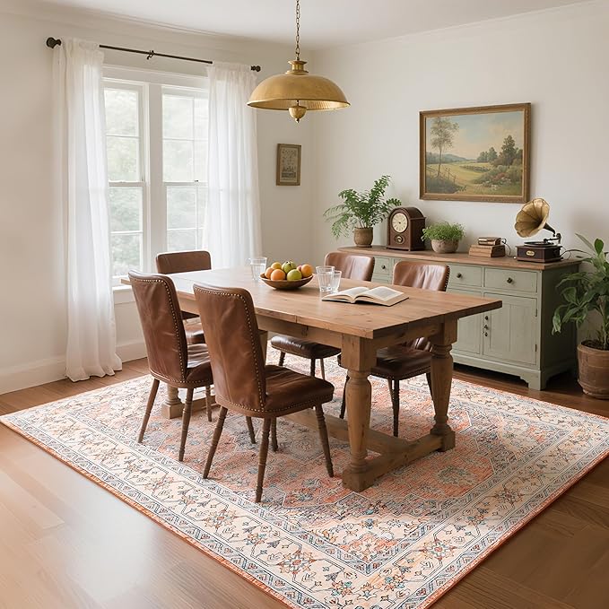 Living Room Rug 6x9 Rug, Machine Washable Area Rug Non Slip Low Pile Vintage Rug for Living Room, Bedroom, Farmhouse, Dining Room, Kids Playroom, Orange