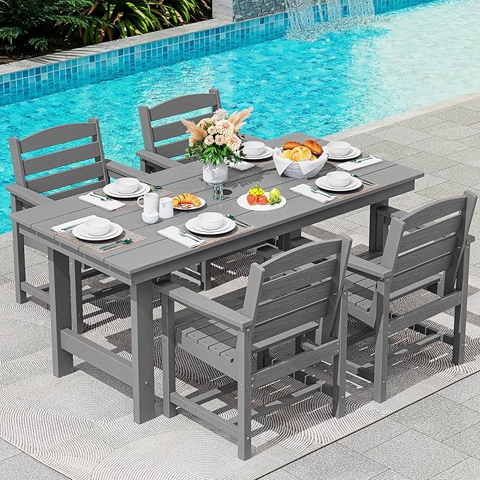 SERWALL Modern Patio Dining Set, 5-Piece Rectangular HDPE Dining Table with Umbrella Hole & 4 Chairs, Grey