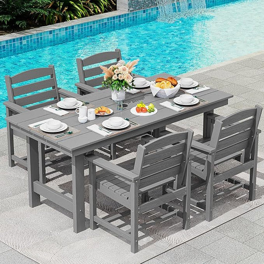 SERWALL Modern Patio Dining Set, 5-Piece Rectangular HDPE Dining Table with Umbrella Hole & 4 Chairs, Grey