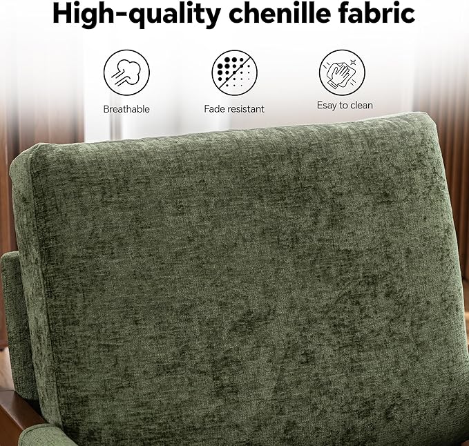 Mid Century Modern Accent Chair with Wood Frame, Upholstered Living Room Chairs with Wide Armrest, Chenille Fabric Comfy Arm Chair for Bedroom, Reading Room, Balcony (2, Green)