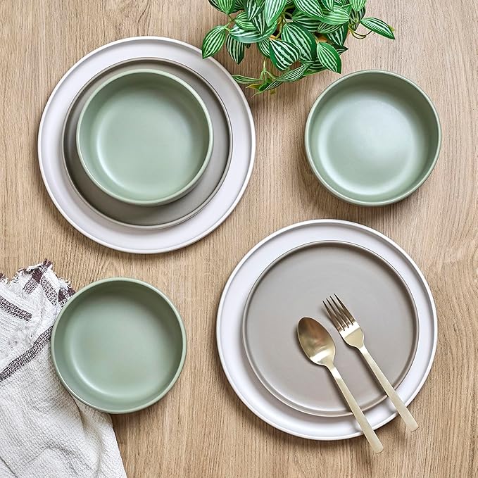 Sango Rollo Alta 12-Piece Modern Stoneware Dinnerware Set- Sage/Sand/White, Includes Dinner & Salad Plates, Cereal Bowls, Microwave & Dishwasher Safe, Highly Chip and Crack Resistant, Service for 4