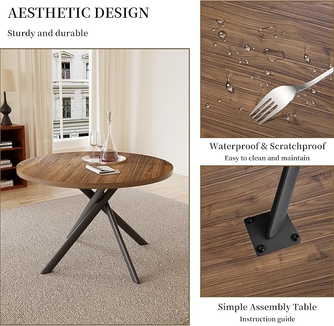 45.3'' Walnut Round Dining Table Set for 4, Mid Century Modern Small Coffee Set for Dining Room Kitchen Apartment (Light Walnut + 4 White Chairs)