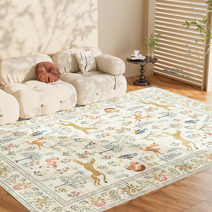 DUKINO 6x9 Rug, Washable Animal Living Room Rug with Non Slip Vintage Design, Soft Low Pile Large Carpet for Bedroom, Nursery, Dining Room, Farmhouse, Playroom, White