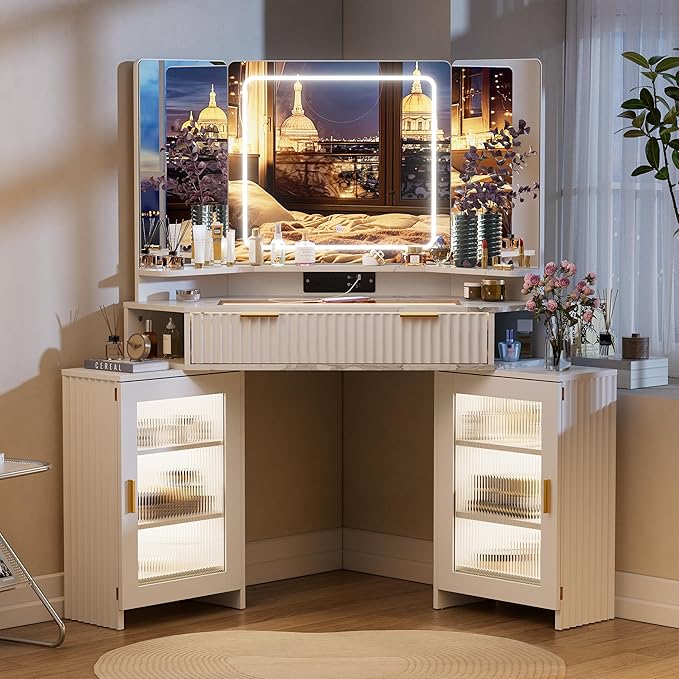Corner Vanity Desk with 3 Way Mirror & LED Light, Fluted Makeup Vanity with Glass Top, Charging Station, Large Drawer & 2 Sliding Storage Cabinets with Human Sensor Light, White Marble