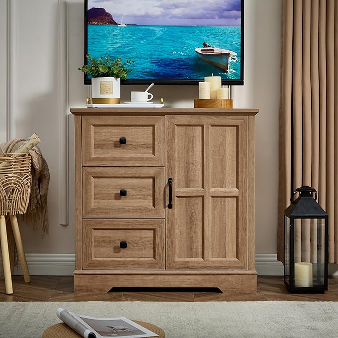 3+1 Log Dresser for Bedroom, Chest of Drawers for Bedroom with Wooden Drawers and Cross Door, Wood Dressers Storage TV Stand for Bedroom, Living Room