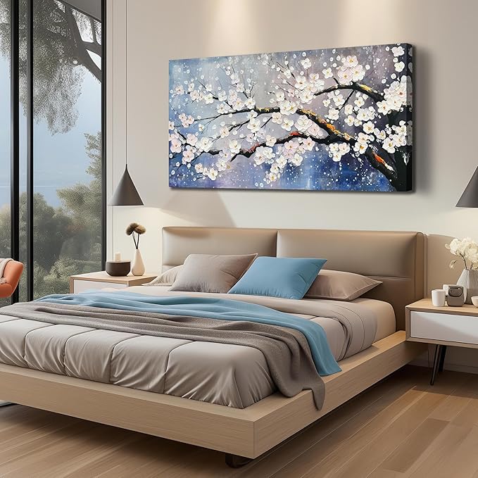White Flowers Hand Painted Wall Art For Office Women Blue Wall Decor For Bedroom Aesthetic Family Wall Decor For Living Room Size 24 x 47 Inch