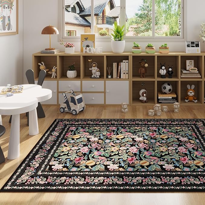 5x7 Washable Rug Vintage Floral Area Rug Non Slip Low Pile Large Rugs for Living Room, Bedroom, Farmhouse, Dining Room, Kids Playroom, Black