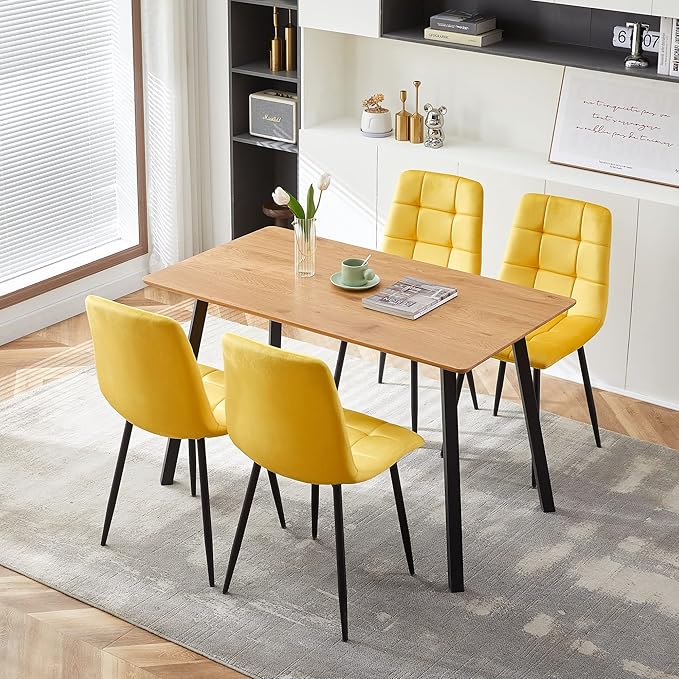 Modern Dining Chair Velvet Set of 4,Upholstered Living Room Chair with No Arms Side Chair High-Back Space Savining Accent Chair with Metal Legs for Dining Room,Living Room, Yellow