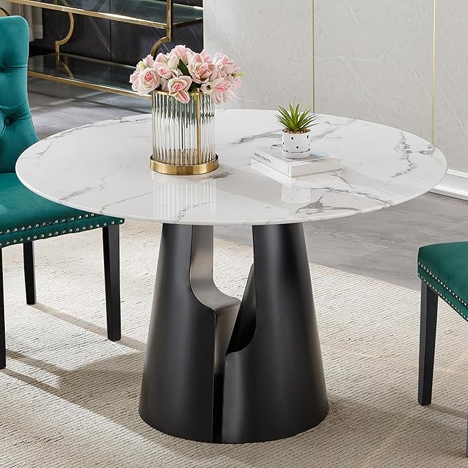 7-Piece Faux Marble Round Dining Table Set for 6, Modern Luxury Kitchen Table Set for 6 with Beige Tufted Chairs,Circle Dining Tables with White Marble Grain Top and Black Pedestal Base