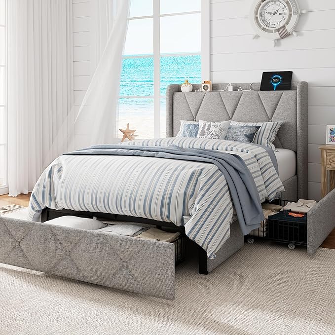 Twin Bed Frame with 4 Storage Drawers, Upholstered Platform Bed with Charging Station, Modern Wingback Storage Headboard, Easy Assembly,Noise-Free, Light Gray