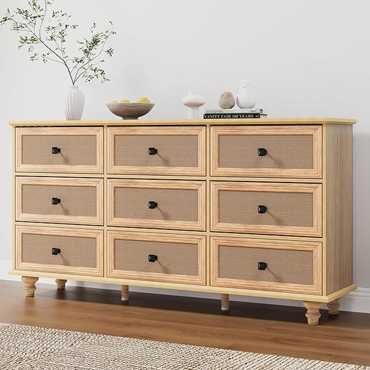 ORRD 9 Drawer Dresser for Bedroom, Mid Century Modern Wide Wood Rustic Chest of Drawers Wooden Storage Organizer Dressers with Burlap Rattan Drawers for Living Room, Hallway Closet, Entryway, Natural