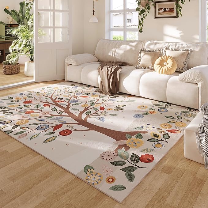 Area Rugs 8x10 for Living Room Clearance Bohemian Washable Rug Non Slip Floral Tree Low Pile Large Rug for Bedroom, Farmhouse, Dining Room, Kids Playroom, Beige