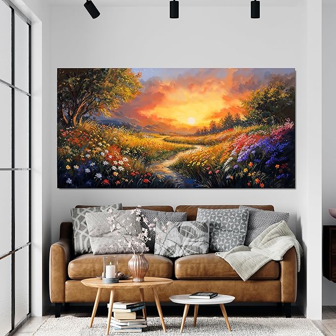 Canvas Wall Art Decor Large Wall Art Pictures for Living Room Vintage Landscape Wall Art Prints Canvas Art Wall Decor Wildflower River Artwork for Walls Bedroom Home Aesthetic Wall Art Decor 20" X 40"